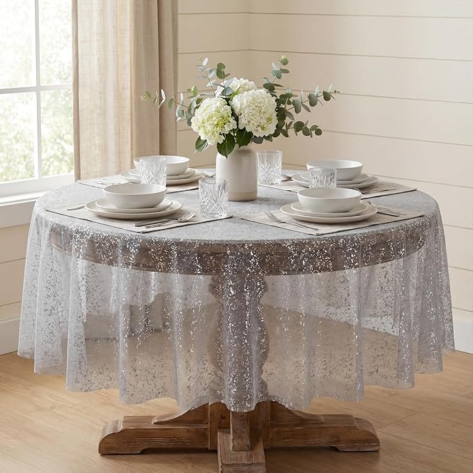 Horaldaily Grey Silver Tablecloth 60x60 Inch Round, Silver Glitter Metallic Foil, Sheer Tulle Cheesecloth for Wedding Baby Shower Ceremony Birthday