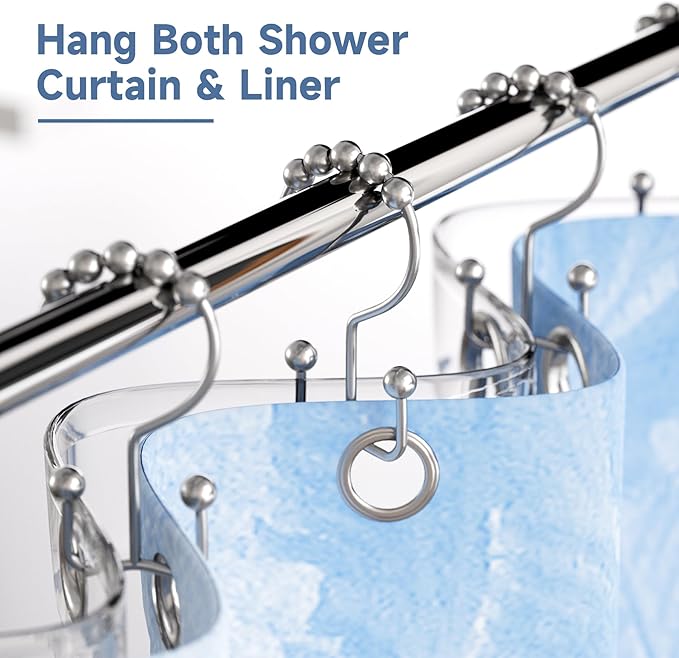 Titanker Double Shower Curtain Hooks, Rust Proof Shower Curtain Rings, Metal Shower Hooks for Bathroom Shower Rods Curtains, Set of 12 Hooks - Chrome