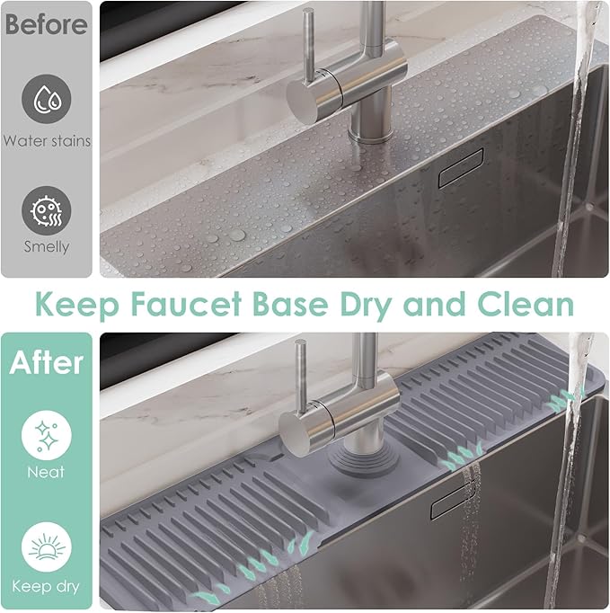 24 Inch Silicone Faucet Mat for Kitchen Sink Splash Guard - 7° Slope Water Draining Mat With Fasten Button for Bathroom Area (Dark Grey, 24''x5.5'')