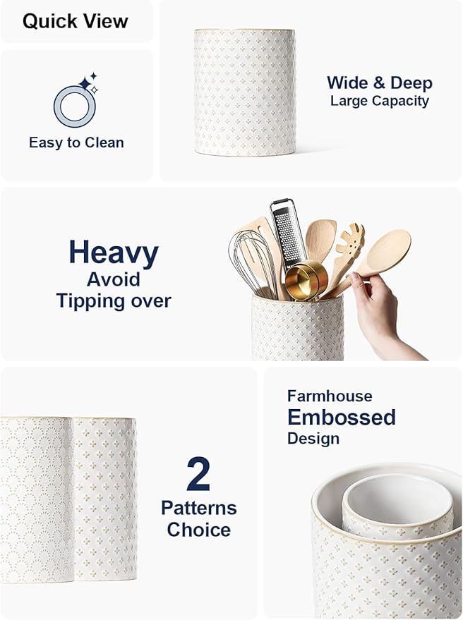 LE TAUCI Utensil Holder for Kitchen Counter - 7.1" Large Ceramic Utensil Crock, Cooking Utensil Organizer for Spatula, Spoon, Whisk - Farmhouse Kitchen Countertop Storage, Embossed, Clover