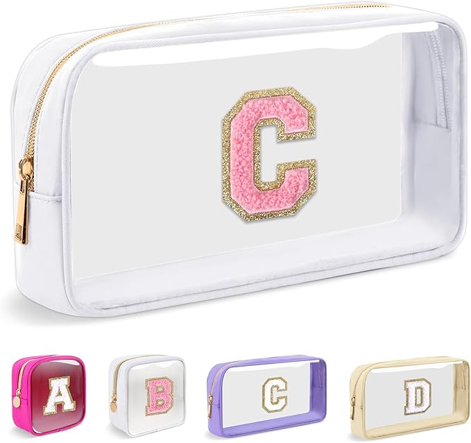 Small Clear Personalized Initial Makeup Bag,Nylon Preppy A-Z Chenille Letter Patch Cosmetic Pouch Beach Toiletry Bag,Waterproof Zipper Travel Purse Storage Bag Organizer for Women Girls(White-Pink C)
