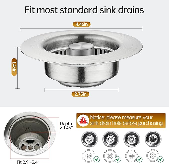 YYKBZ 3 in 1 Kitchen Sink Drain Strainer,Stainless Steel Sink Stopper,Pop Up Sink Plug Fast Drain Deodorizer Anti-Clog, Strainer for Kitchen Standard 3-1/2" Easy to Install（2pcs）