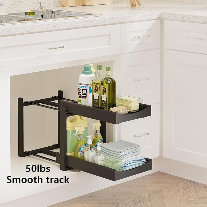 Wisuce Essentials Bamboo Under Sink Organizer Adjustable Height 2-Tier Bathroom Organizer Pull-Out Cabinet Storage Heavy Duty Wood Slide Out Shelf for Kitchen Bathroom (Black, 1 Pack)