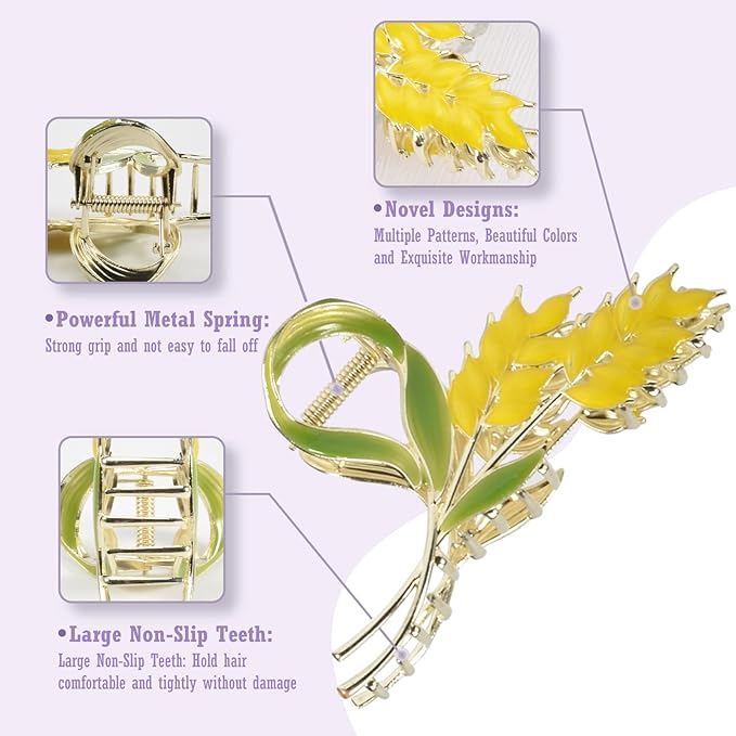 3-Piece Floral Metal Hair Clips, Sunflower Lily Wheat Designs for Thin/Medium Thick Hair, Elegant Barrettes With Strong Hold Non-Slip Clamps, Cute Catch Accessories