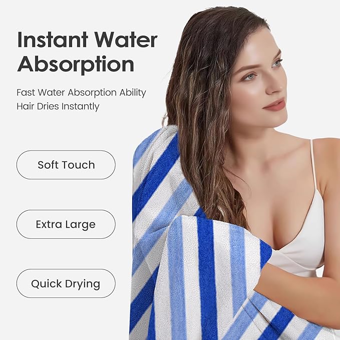 JML Bath Towels, Pack of 4, 30"x60", Large Microfiber Towel Set, Ultra Soft, Super Absorbent, Fast Drying, Perfect for Suana, Shower, Pool, Sport, Travel, Fitness, SPA,Yoga, Cabana Stripe Blue