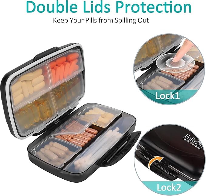 Travel Pill Organizer Large Portable Medication Fullicon Oversize 8 Compartment Pill Box, Vitamin Travel Case Pill Holder - Airtight & Moistureproof (Black)