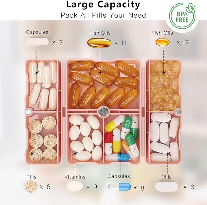 FYY 2 Pcs Daily Pill Organizer, 7 Compartments Portable Pill Case Travel Pill Organizer,[Folding Design] Pill Box for Purse Pocket to Hold Vitamins,Cod Liver Oil,Supplements and Medication-Pink+Navy