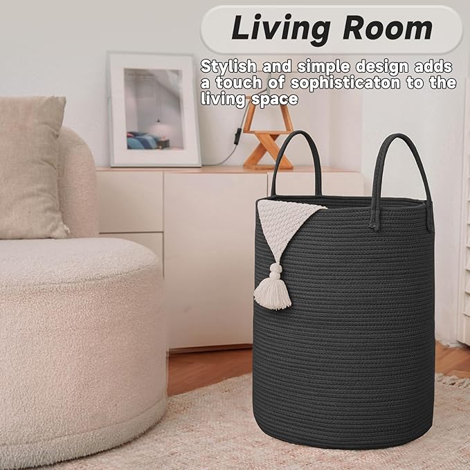 Large Woven Laundry Basket Hamper, 60L Cotton Rope Storage Bin for Blankets, Toys, and Clothes, Decorative Tall Nursery Hamper for Living Room, Baby Nursery, Bathroom, and Bedroom, Black