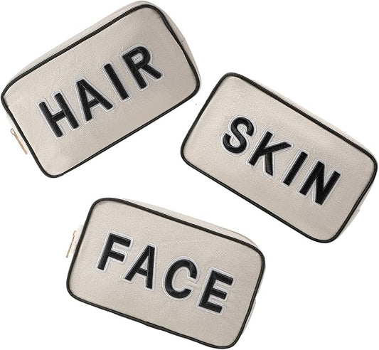 uekeboag 3Pcs Canvas Chenille Letter Makeup Bag Set, Small Travel Washable Organizer Bag for Purse with Zipper, Cute Personalized Gift Pouch For Women and Girls(Hair Skin Face)