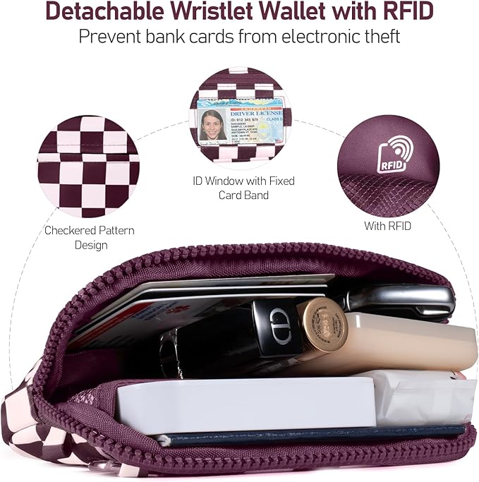 Clip and Go Strap for Phone with Wallet Crossbody Phone Lanyard and Detachable Checkered Bag with ID Window and RFID Pouch for Daily Travel.