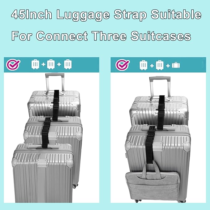 4-Pack Luggage Straps, Add Bag Luggage Straps to Connect Two Suitcases, Adjustable Luggage Belt Connector for Carry-On, Travel Attachment Accessories for Connecting Your 3 Luggage Pieces, Black