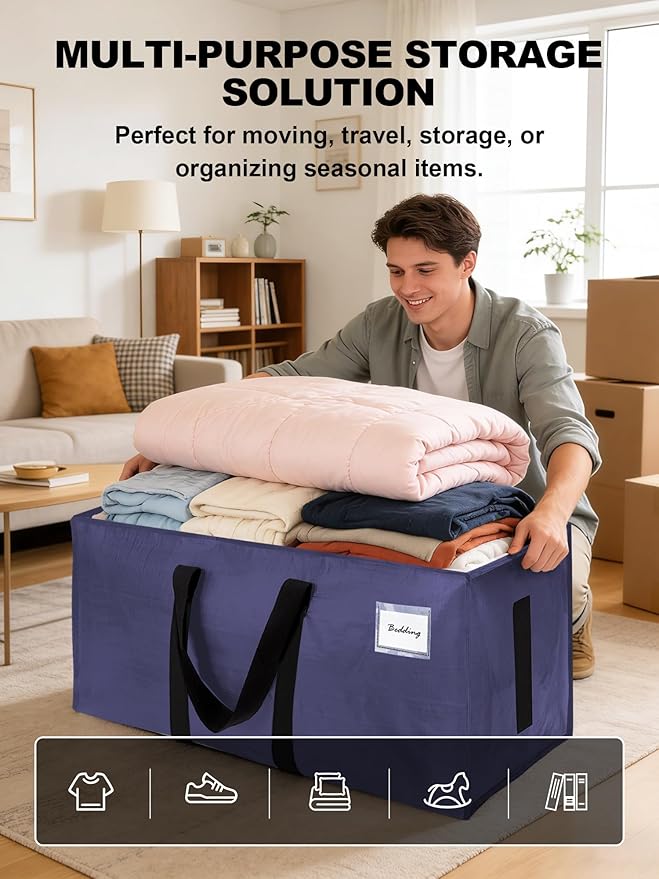 HOMESURE Supports 200lbs Heavy Duty Moving Bags - Strong Zipper & Wrap-Around Handles - Water-Resistant Storage Totes, Durable Alternative to Moving Boxes - 4 Pack - Blue