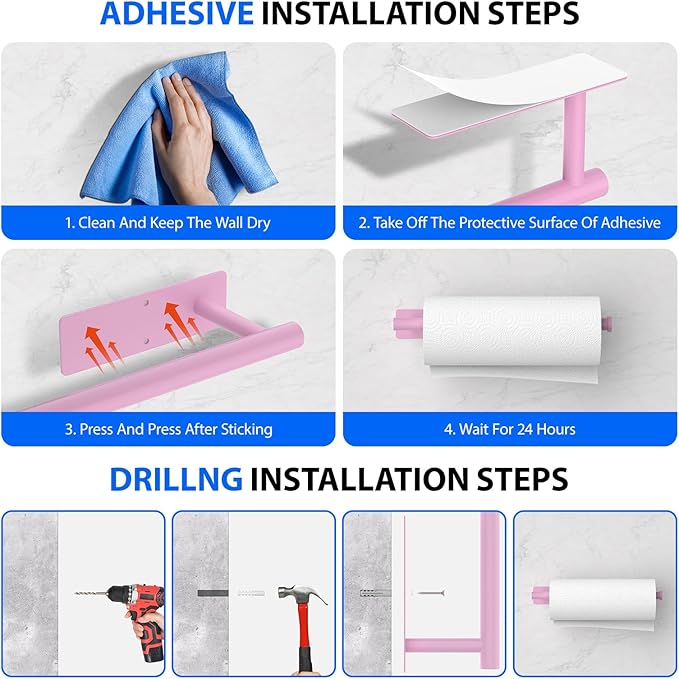 Paper Towel Holder Under Cabinet, Self-Adhesive,No Drilling, Stainless Steel, Wall-Mounted for Kitchen and Bathroom, Easy Install, Durable, Space-Saving, Ideal for Home, RV (Pink, 1 Pack)