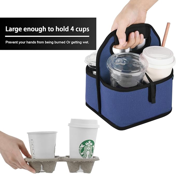 Beautyflier Reusable Insulated Coffee Cup Carrier, Portable Drink Carrier for Delivery, Drink/Cup/Coffee Holder with Handle for Take-Out Coffee (Blue)