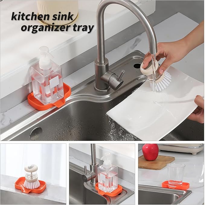 Silicone Bathroom Soap Dishes with Drain Spout-Bathroom and Kitchen Sink Organizer,Sponge Holder,Dish Soap Tray,Perfect for Dispenser,Scrubber,Bottle,Cup on Sink or Counter-Orange 4.9"×3.2"