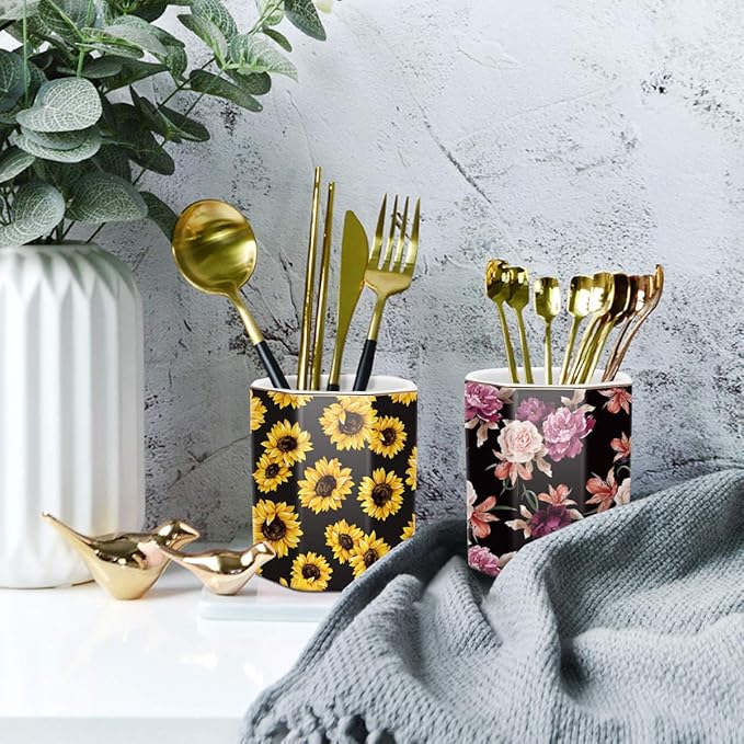 WAVEYU Pen Holder, Pencil Holder for Desk Floral Pattern Pencil Cup for Girls Kids Durable Ceramic Desk Organizer Makeup Brush Holder for Office, Classroom, Home, Sunflower