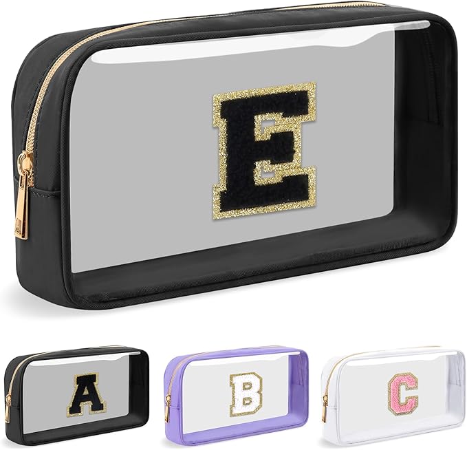 Personalized Initial Letter Clear Makeup Bag, Preppy Small Nylon&PVC Cosmetic Zipper Bag with Chenille Letter, Travel Skincare Toiletry Bag, Monogram Christmas Gift for Teen Girls Women, E