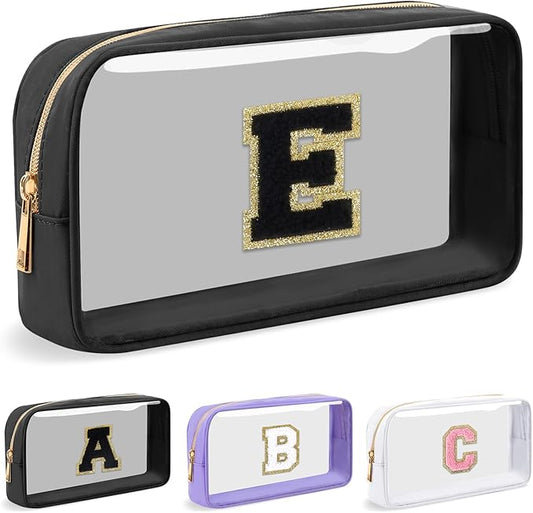 Personalized Initial Letter Clear Makeup Bag, Preppy Small Nylon&PVC Cosmetic Zipper Bag with Chenille Letter, Travel Skincare Toiletry Bag, Monogram Christmas Gift for Teen Girls Women, E
