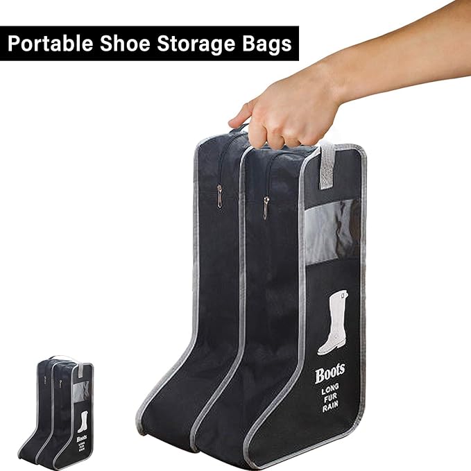Portable Boot Storage Bags Dust Proof Shoe Bags for Storage,2 Pair Zippered Tall Boots Organizer Protector Bag with Handle for Home and Travel (Black)