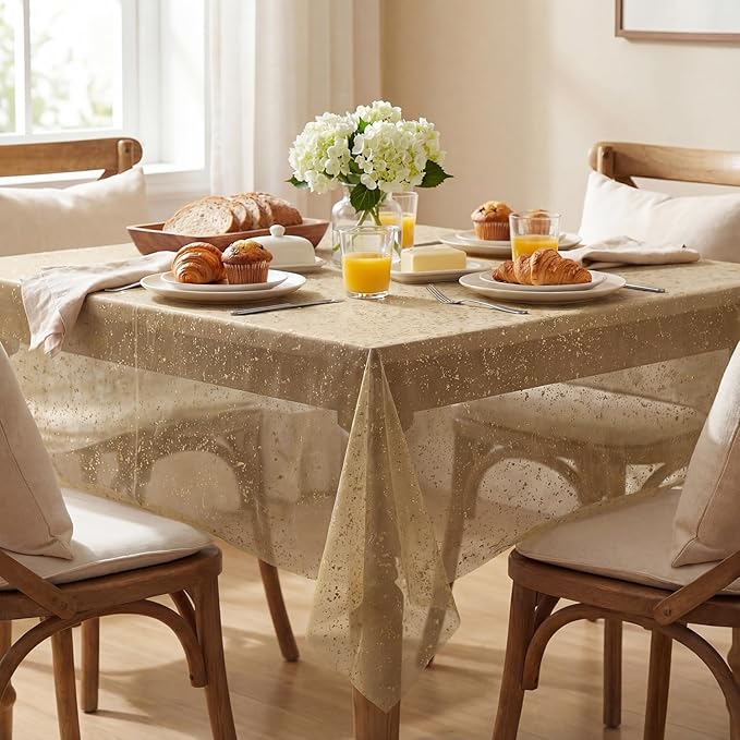 Horaldaily Coffee Gold Gauze Tablecloth 60x60 Inch Square, Golden Sequin Glitter Metallic Foil, Sheer Tulle Cheesecloth for Wedding Baby Shower Ceremony Birthday