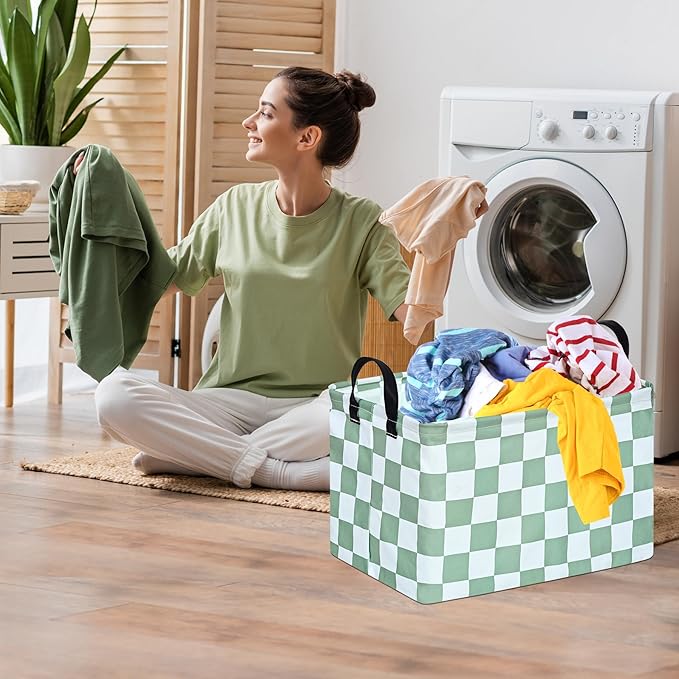 Sage Checkered Storage Basket Baby Toys Organizer Bins Decorative Gifts Bakset Waterproof Nursery Hamper Women Storage Cube Kids Laundry Basket for Home/Dorm/Kitchen/Pet/Office/Closet/Shelf/