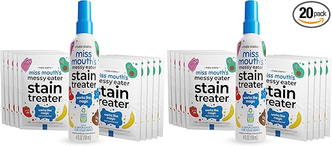 Miss Mouth's Messy Eater Stain Treater Spray - 4oz & 10 Wipes Stain Remover - Newborn & Baby Essentials - No Dry Cleaning Food, Grease, Coffee Off Laundry, Underwear, Fabric (Pack of 2)