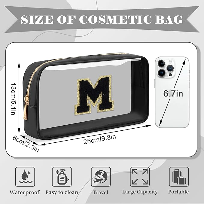 Personalized Initial Letter Clear Makeup Bag, Preppy Small Nylon & PVC Cosmetic Zipper Bag with Chenille Letter, Travel Skincare Toiletry Bag, Monogram Christmas Gift for Teen Girls Women, M