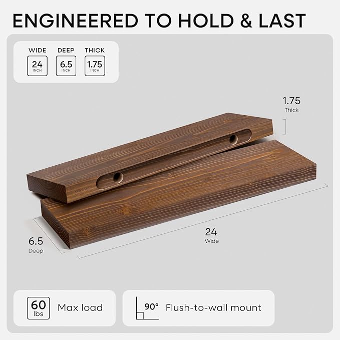 Homeforia Classic Walnut 24 inch Floating Shelf, High-End Solid Real Wood Small 24-inch Floating Shelves for Wall Mounted, 24in Floating Shelves, Heavy Duty Bracket, 24 X 6.5 X 1.75 inches, Set of 2