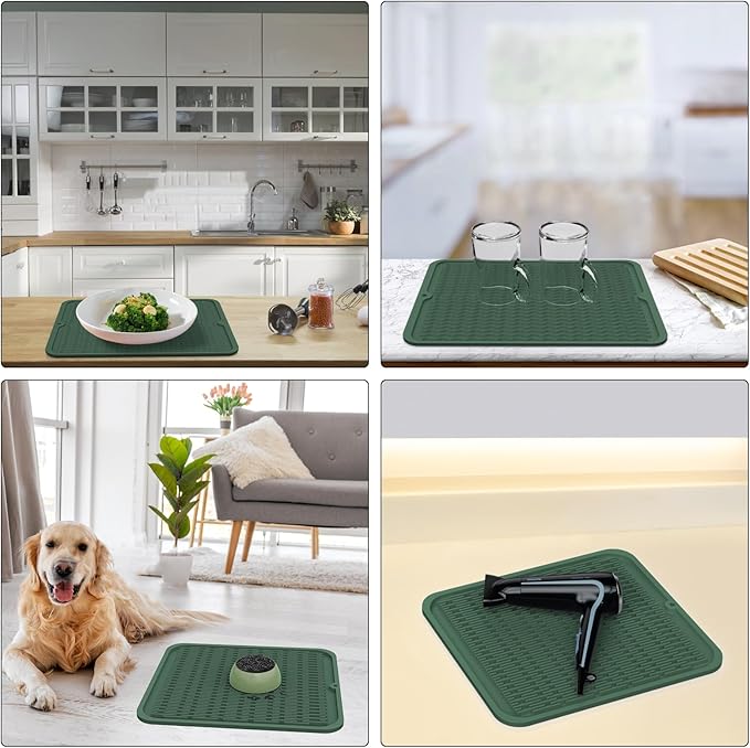 ZLR Silicone Dish Drying Mat for Kitchen Counter, Eco-Friendly Fast Dry Dish Mat, Easy Clean Multi Usage Drying Matt, Heat Resistant Trivet, 12" x 12" Middle, Dark Green