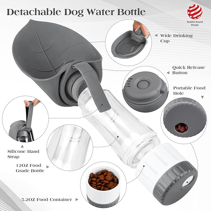 Upgraded Dog Water Bottle, Portable Dog Cat Puppy Pet Water Dispenser Feeder with Drinking Cup and Food Container Leak Proof for Outdoor Walking, Travel, Hiking 12OZ Grey