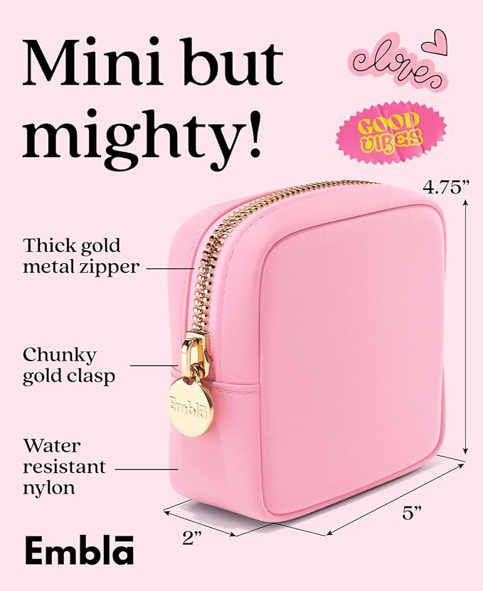 Embla Makeup Bag Travel Cosmetics Pouch and Toiletry Bag, Nylon Zipper Pouch Purse, Cute Make Up Organizer Storage Tote for Women Girls, Travel Skincare Case, Small Makeup Bags, Flamingo Pink