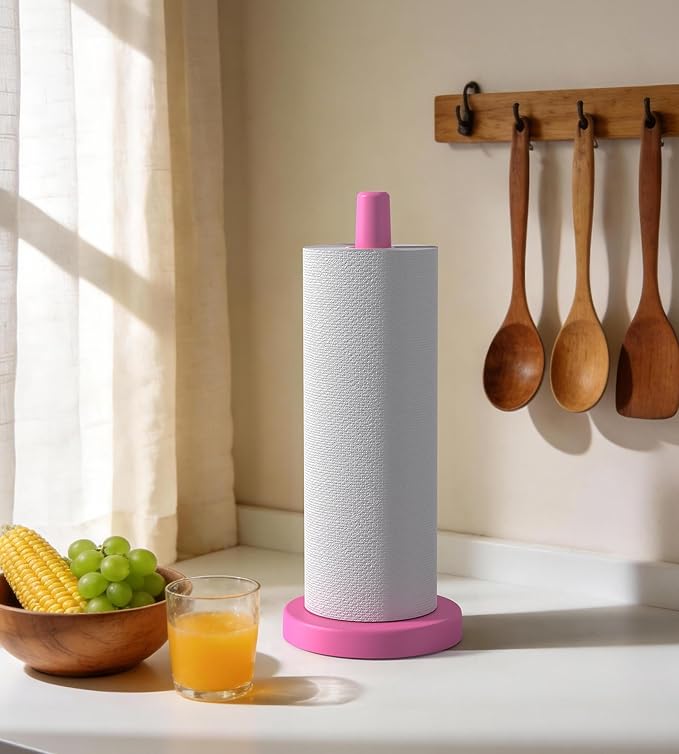 KitchLife Wooden Paper Towel Holder Countertop - Solid Freestanding Paper Towel Dispenser Stand with Anti-Skid Base (Hot Pink)
