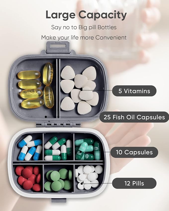 Holii Travel Pill Organizer, 8 Compartments Portable Pill Case, Daily Pill Box to Hold Vitamins, Small Pill Container for Pocket Purse Medicine Organizer（Gray）
