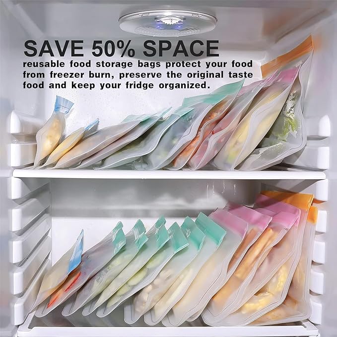 10 Pack Dishwasher reusable bags Silicone,BPA Free, Leakproof Freezer Bags, reusable silicone bags for Lunch Marinate Food Travel -10 Snack Bags