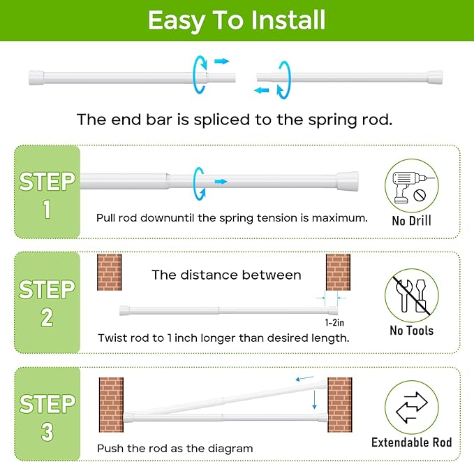 2 Pack Spring Tension Rod 18-41 Inches No Drilling Adjustable White Spring Loaded Curtain Rod Expandable Small Short Tension Curtain Rod for Windows,Kitchen,Doorway
