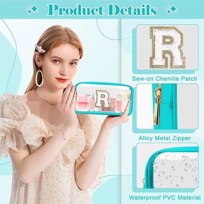 Personalized Initial Letter Clear Makeup Bag,Preppy Small Nylon&PVC Cosmetic Zipper Bag with Chenille Letter,Portable Beach Travel Skincare Toiletry Bag,Trendy Monogram Gift for Teen Girls Women,R