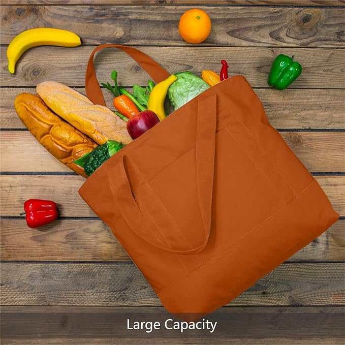 TOPDesign 3-Pack Canvas Tote Bags with an External Pocket, Reusable Grocery Shopping Bags, Top Zipper Closure, Daily Essentials (Orange)