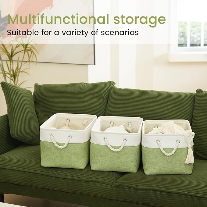 VQRTEXA Large Storage Baskets - 15x11x10 inch Storage Bins for Shelves and Closet Organizing, Foldable Fabric Bin for Home Organization Clothes and Laundry (1-Pack, White&Green)