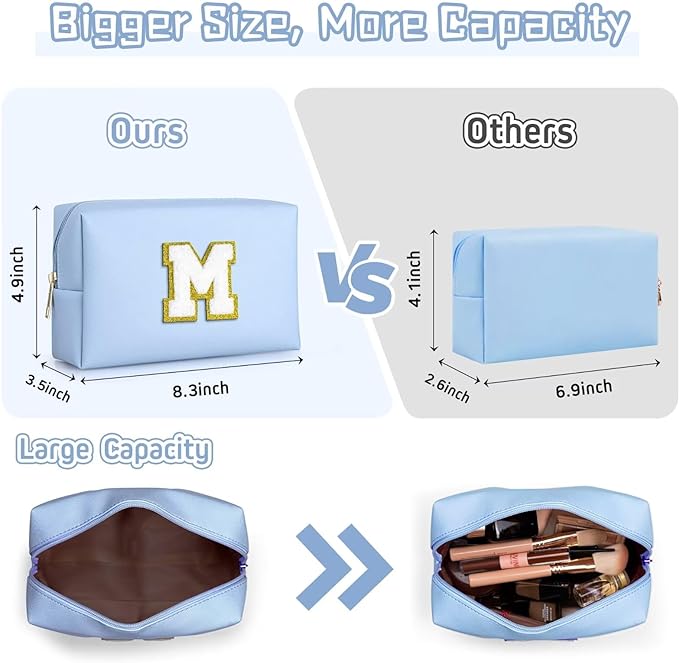 TOPEAST Preppy Makeup Bag, Small Cosmetic Travel Bags for Women, PU Leather Waterproof Toiletry Bag with Zipper, Personalized Birthday Gift for Women Girl, Preppy Gifts for Girl (Sky Blue F)