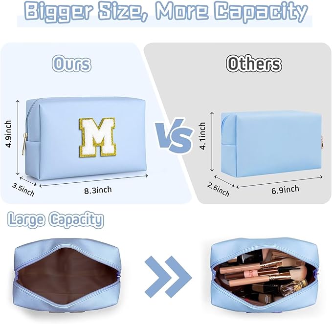 TOPEAST Preppy Small Makeup Bag, Chenille Letter Pouch Cosmetic Bag With Zipper, PU Leather Waterproof Toiletry Bag, Personalized Birthday Gift for Women, Cute Stuff for Girls (Sky Blue D)