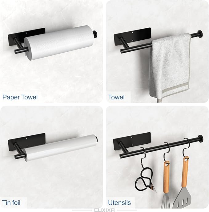 CUXIXA Paper Towel Holder Under Cabinet 2 Pack, Under Counter Paper Towel Holder Wall Mount with Self Adhesive and Screws for Kitchen, Bathroom, RV (Stainless Steel, Black)