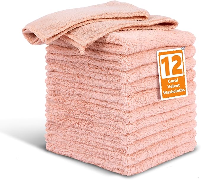 TEAWOO Coral Velvet Nude Pink Washcloths 12 Pack, Highly Absorbent and Soft Nude Pink Face Towels, Multi-Purpose Washcloths and Hand Towels for Bathroom, Hotel, Spa and Gym, 12 x 12 inches