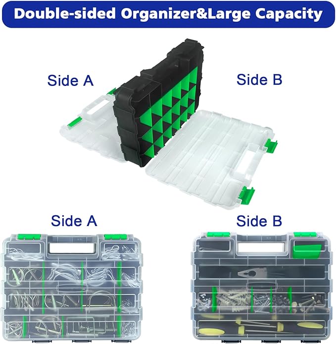 Tools Organizer Box Small Parts Storage Box 50-Compartment Double Side Hardware Organizers with Removable Plastic Dividers for Screws, Nuts, Nails, Bolts, Green