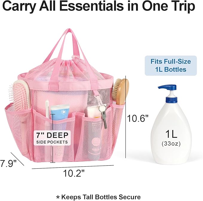 F-color Mesh Shower Caddy Portable with Drawstring - Upgrade Deeper 7 Pockets Dorm Room Essentials for Guys Girls with S Hook, Shower Bag Basket Tote for College Camping Bathroom, 2 Pack Pink