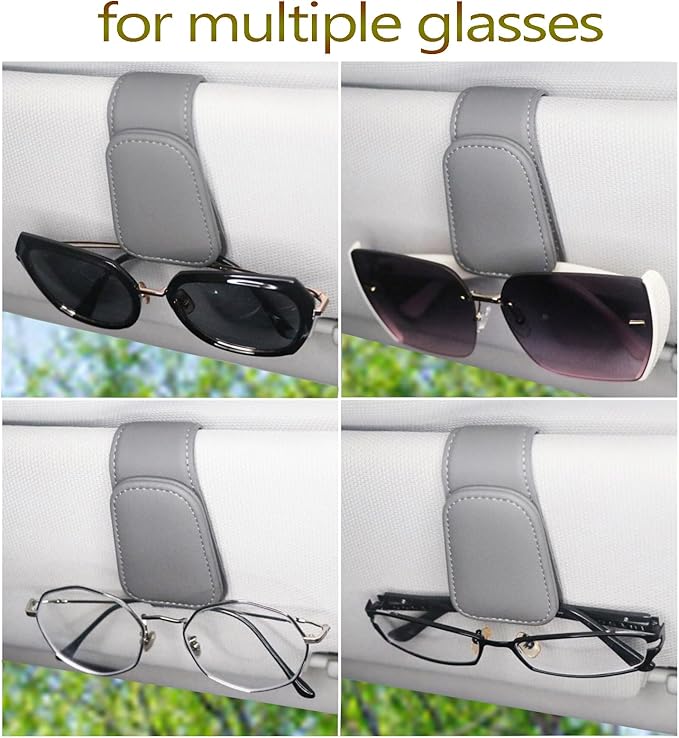 Magnetic Leather Sunglass Holder for Car, Sunglasses Clip for Car Visor, Auto Interior Accessories Universal for Different Size Eyeglasses (Grey)