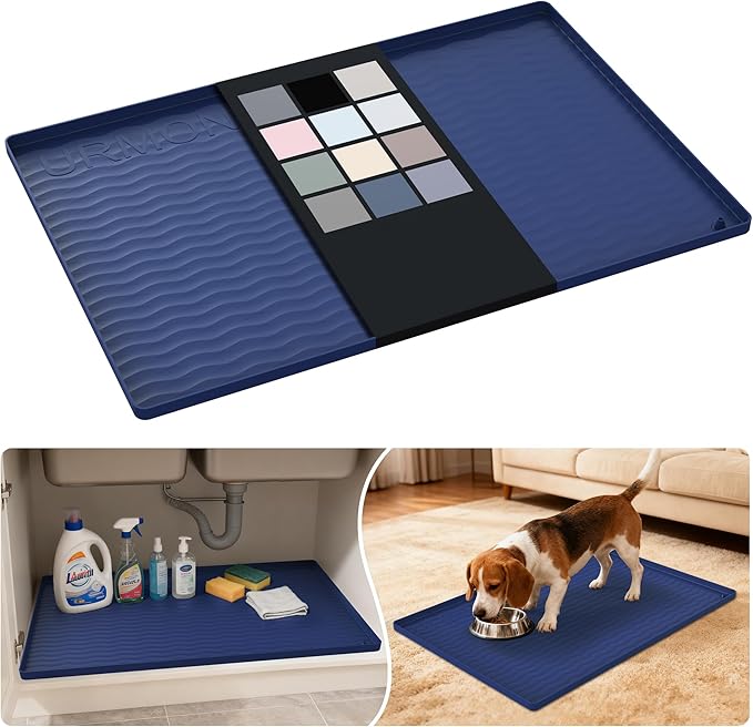 URMONA Waterproof Silicone Under Sink Mat 28'' x 19'' Shelf Liner for Kitchen and Bathroom, Cabinet and Counter Protector, Storage and Organizers, Litter Mat, Pet Cat Puppy Essentials(Navy)