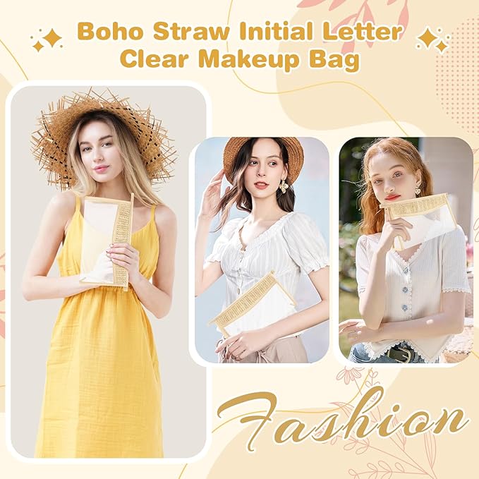 Personalized Initial Letter Bag Boho Straw Clear Makeup Bag, Small Cute Chenille Varsity Letter Pouch With Zipper, Beach Travel Toiletry, Portable Monogrammed Cosmetic Bag for Women Girls