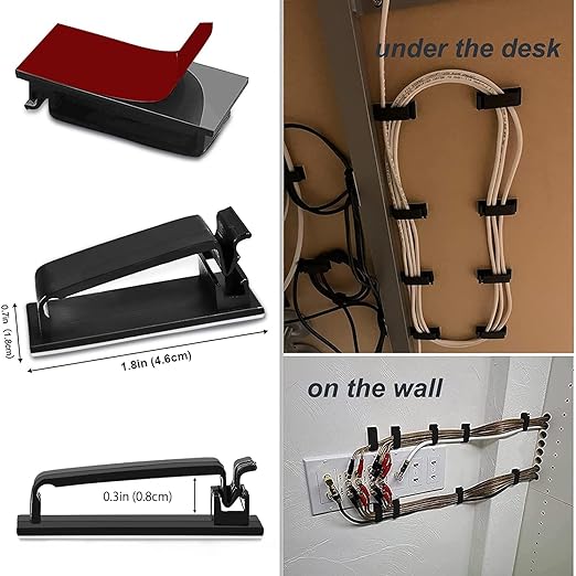 SOULWIT 50Pcs Self Adhesive Cable Management Clips, Cable Organizers Wire Clips Cord Holder for TV PC Ethernet Cable under Desk Home Office (Black)