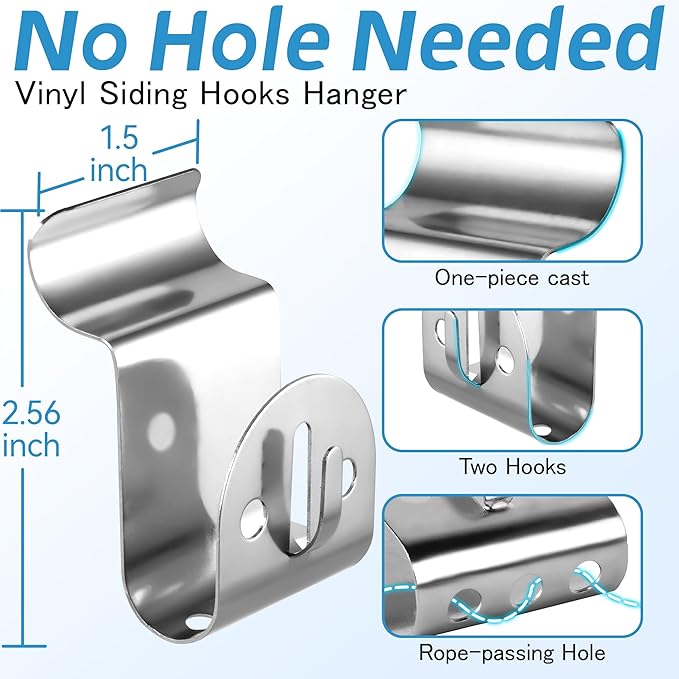 HUXOR 10 Pack Vinyl Siding Hooks, Vinyl Siding Hangers with Double Hooks, No Hole Needed, Heavy Duty Siding Clips for Hanging Lights, Wreaths, Outdoor Decor, Holds Up to 20 lbs