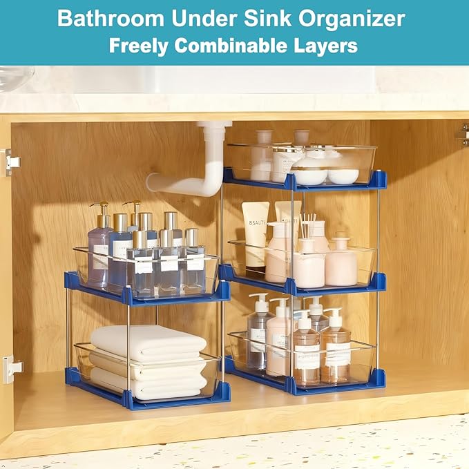 2 Pack 2 Tire Under Sink Organizer, Bathroom Organizers and Storage,Cabinet Drawers Bins, Pull-Out Organization with Track for Pantry, Kitchen,Fridge,Vanity Countertop (blue